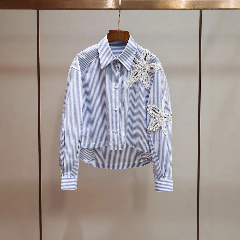 2025 Autumn New Women Polo Shirt Long Sleeve Hollow Floral Lace Beaded Collar Irregular Stripe Design
