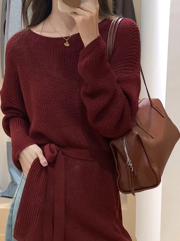 

Длинный вязаный свитер для похудения, женский дизайн, с застежкой на талии, с разрезом по бокам, круглый, с драпировкой, средней длины, модный