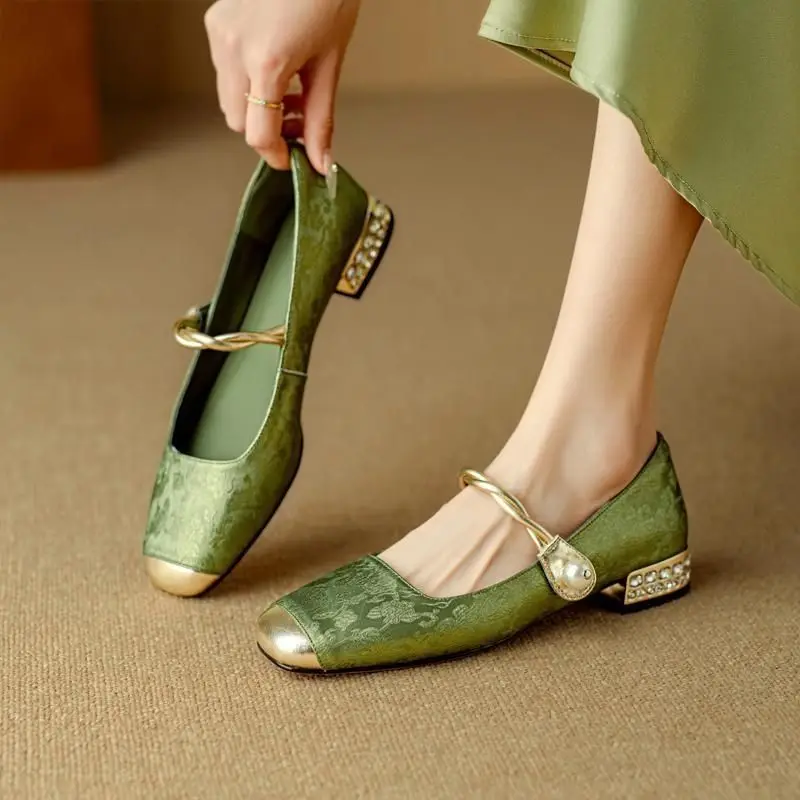 Retro Rhinestone Square Toe Mary Jane Shoes for Women Low Heel Elegant Woman Pumps Chic Comfortable Point Footwear On Promotion