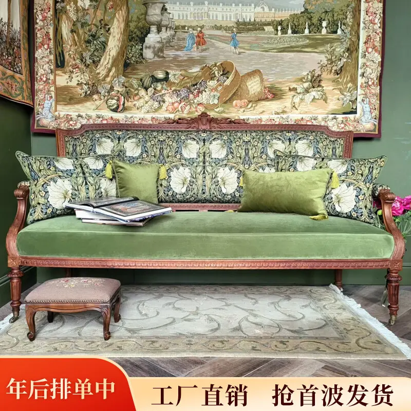 French medieval solid wood sofa villa living room printed double sofa American retro home velvet leisure
