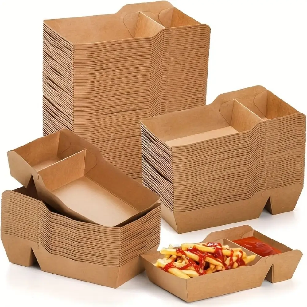 50Pcs Two Grids Disposable Food Serving Tray Eco-Friendly Heat Resistant Snack Fries Plate Sturdy Oil-proof Take Out Container