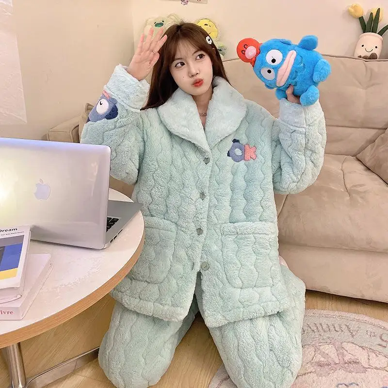 Sanrio Flannel Flip Collar Thickening Three Layer Cotton Pajama Set Kawaii Hangyodon Comic Girl Winter Keep Warm Home Clothes