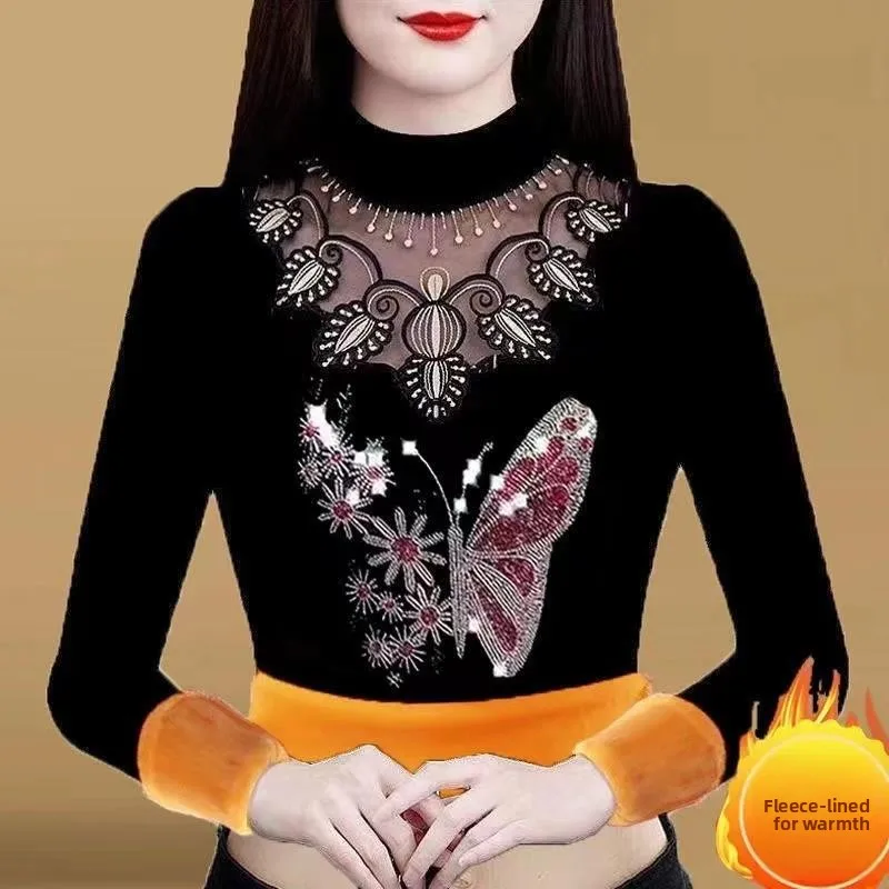 Gold Armor Fleece Lined Thickened Lace Embedded Diamond Base Shirt Women Long Sleeve Autumn Winter plus Size Fat MM Top Women