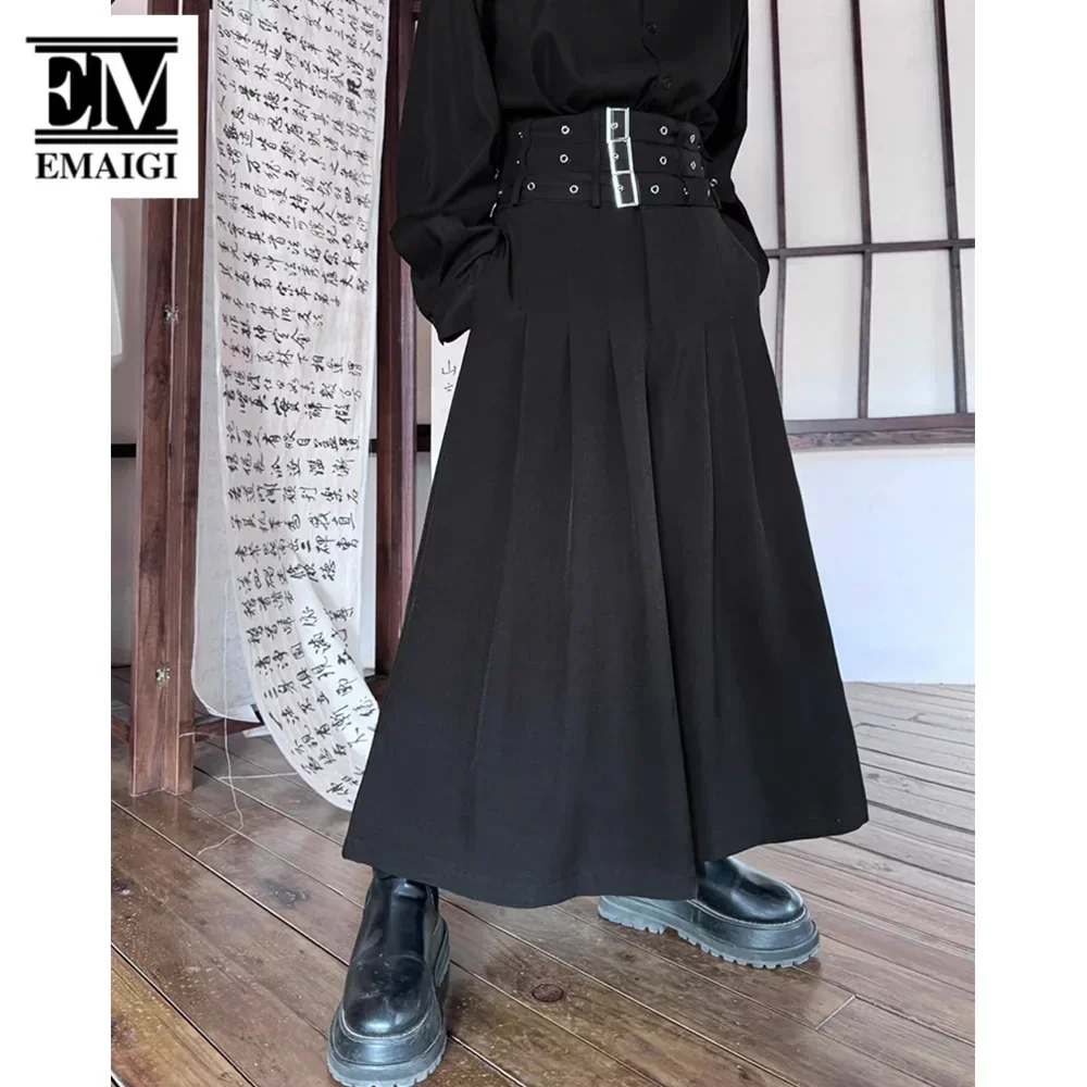 

Belt Pleated Pant for Men and Women Japan Harajuku Streetwear Dark Black Gothic Wide Leg Skirt Pants Net Celebrity Stage Clothes