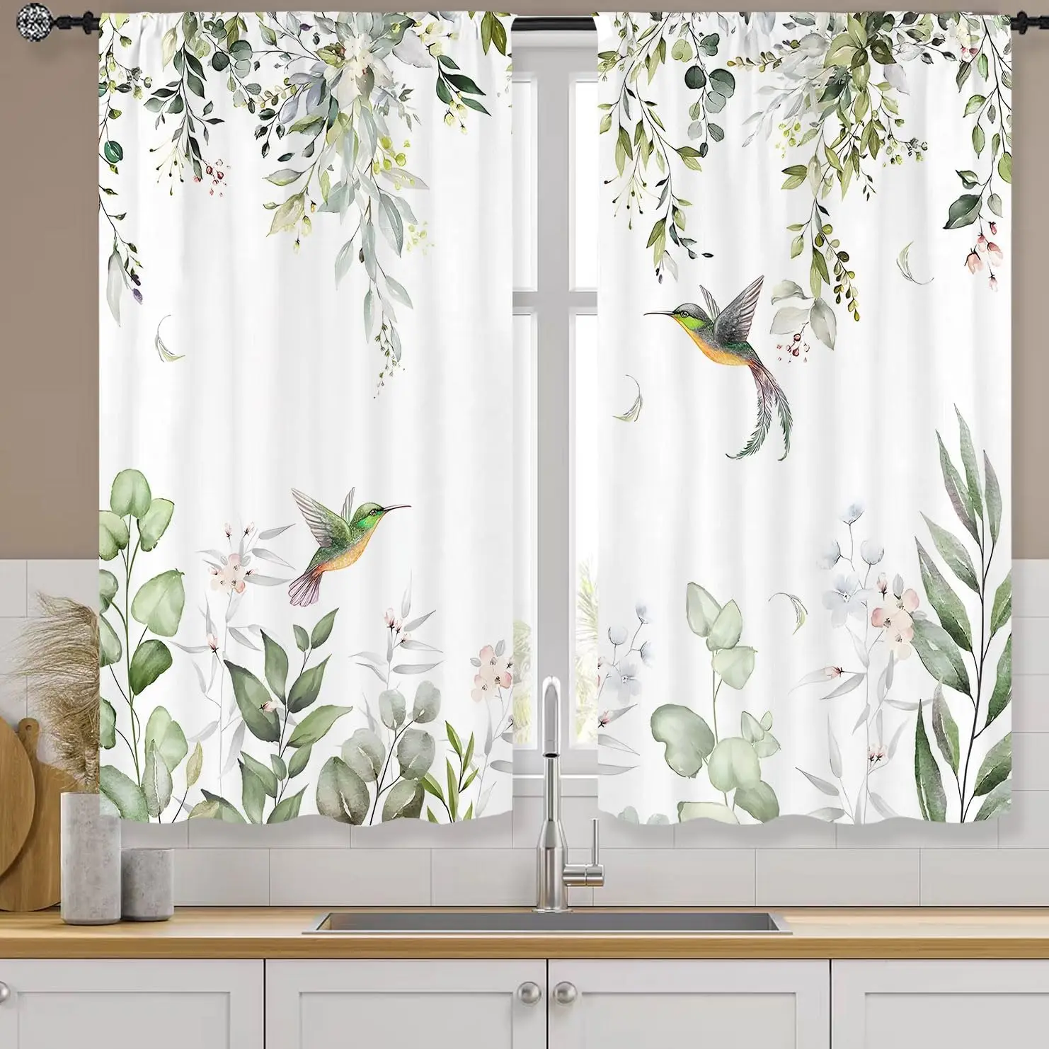 Hummingbird Leaf Curtains Tropical Bird Print for Kitchen Window Nature Decor