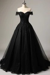 Black Gothic Wedding Dress Lace Appliques Sweetheart Off Shoulder A-Line Long Vintage Elegant Bridal Gowns Customized Vestido