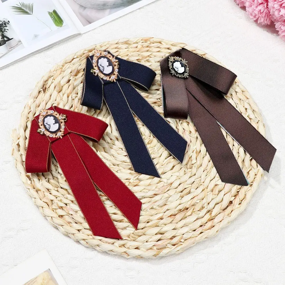 Vintage Bow Tie Cameo Ladies Head Diamond Ribbon Tassel Brooch Chic Girls Elegant Jewelry Collar Pin Girl Cravat Gift for Men
