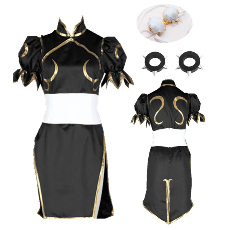 Anime Game Cosplay Black Chun-Li Costume Black cheongsam Chun-Li Costume da donna Halloween Outfit