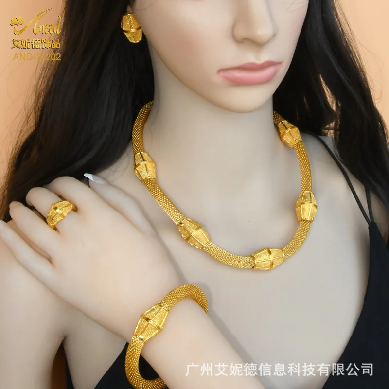 Women 24K Gold AU999 Simple Fashion Necklace Bracelet Earrings Ring 4-Piece Set - Age-friendly, ideal for gifting & personal use