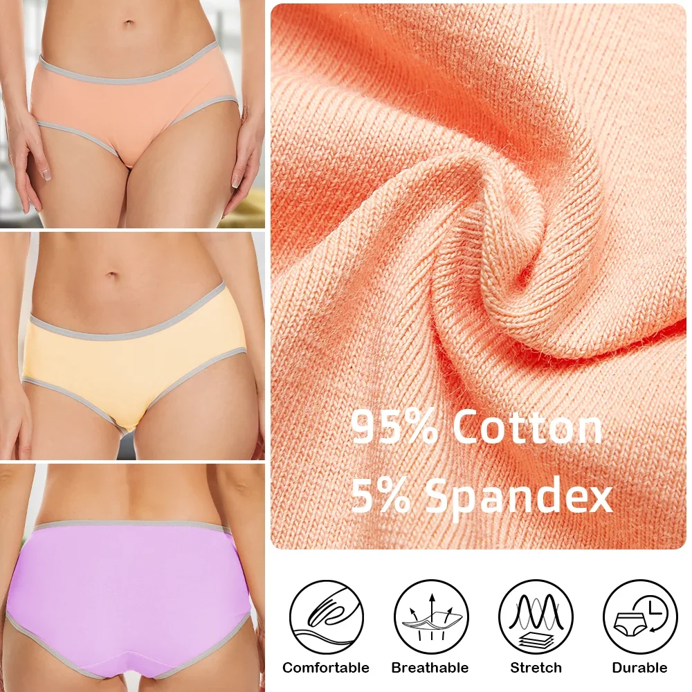 6 PCS Womens Cotton Hipster Underwear Low Waist 100% Cotton Crotch Briefs Ladies Full Seat Coverage Panties Large Size