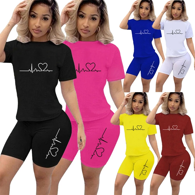 

Womens Short Sleeve T-shirt and Tight-fitting Shorts 2pc Set Tracksuit Ladies Jogging Suits