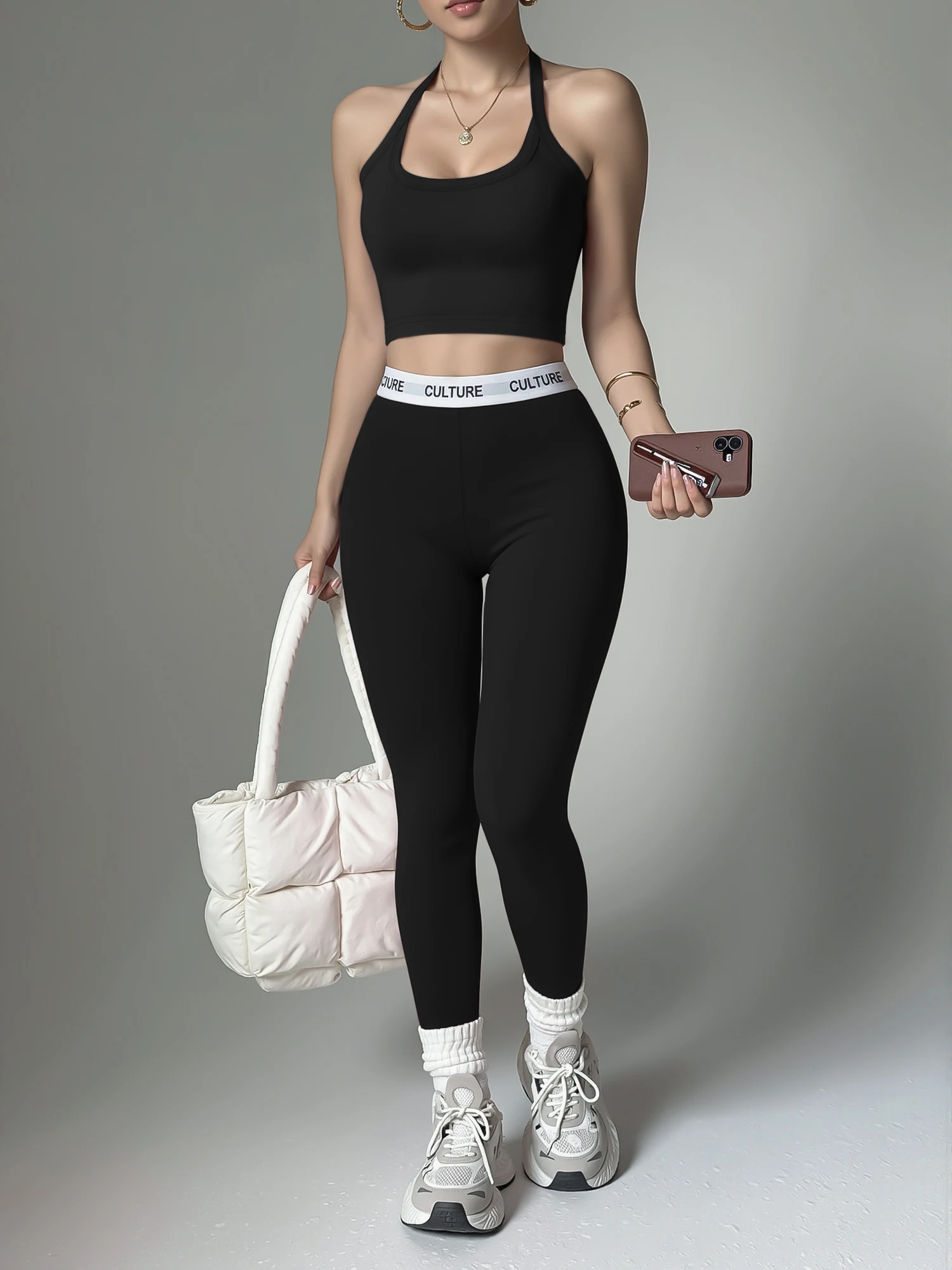 Fitness Matching Co-Ord, Halter Cropped Tank Top, Stretch Shaping Leggings, Fall Pilates Sports Activewear