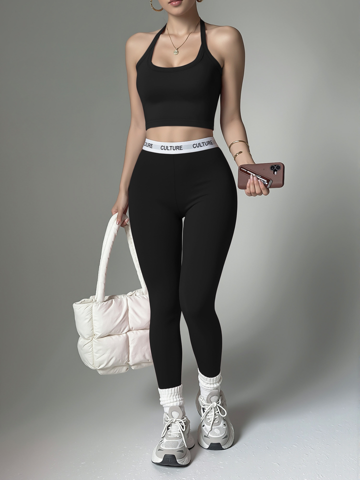  Fitness Matching Co-Ord, Halter Cropped Tank Top, Stretch Shaping Leggings, Fall Pilates Sports Activewear 