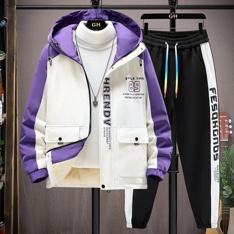 Winter Warm Hooded Jacket+Pant 2-piece Set Men Set Sports Suit Fleece Thickened Sportswear Casual Men Tracksuit