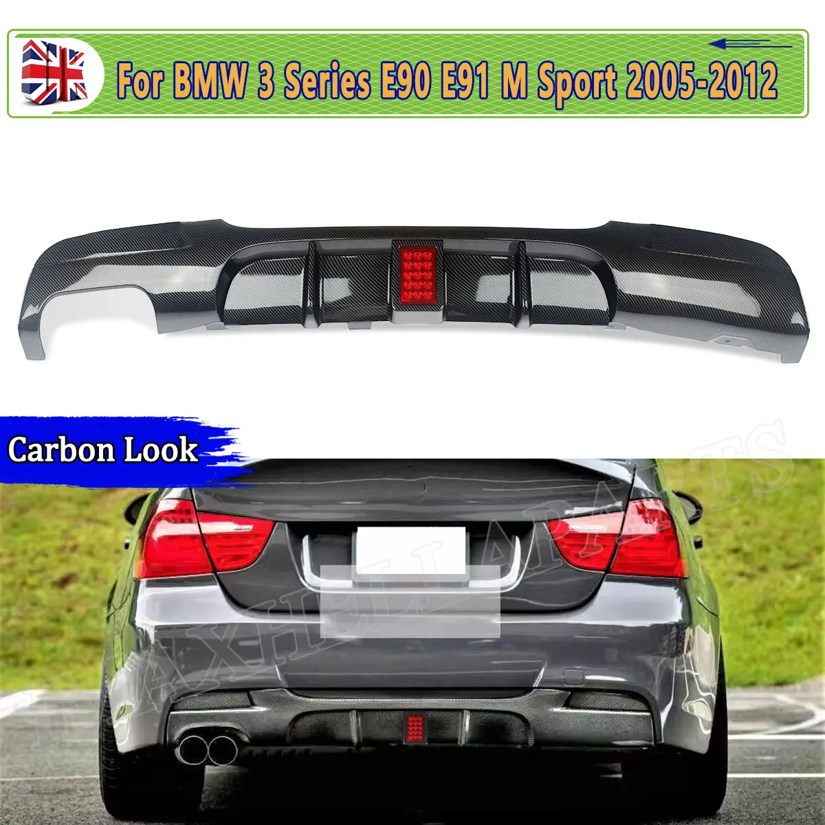 Achterdiffusor bumper voor BMW E90 E91 3-serie 318d 320i 325i 330i 2005-2011, achterlip diffuser bumper dubbele uitlaatpijpen bodykit F1 stijl - afbeelding 2