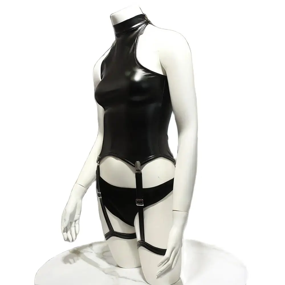

PU Faux Leather Corsetry Briefs Woman High-Necked Tank Top Hem Fixed Leg Ring Stage Shows Body Shaping Strapless Vest Cosplay