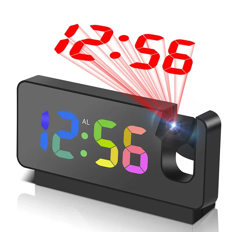 Projection Alarm Clock Desk Clock with Large Color LED Display Rotatable Ceiling/Wall Projector for Bedroom Office Bathroom