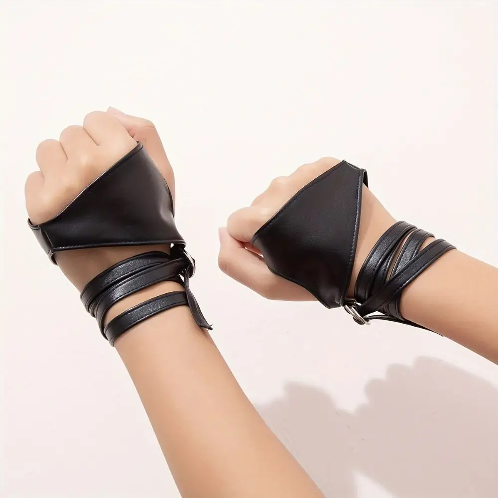 Personalized Harajuku Strap Leather Gloves Black Hip Hop Punk Wristband Fingerless Y2K Fingerless Mittens Women