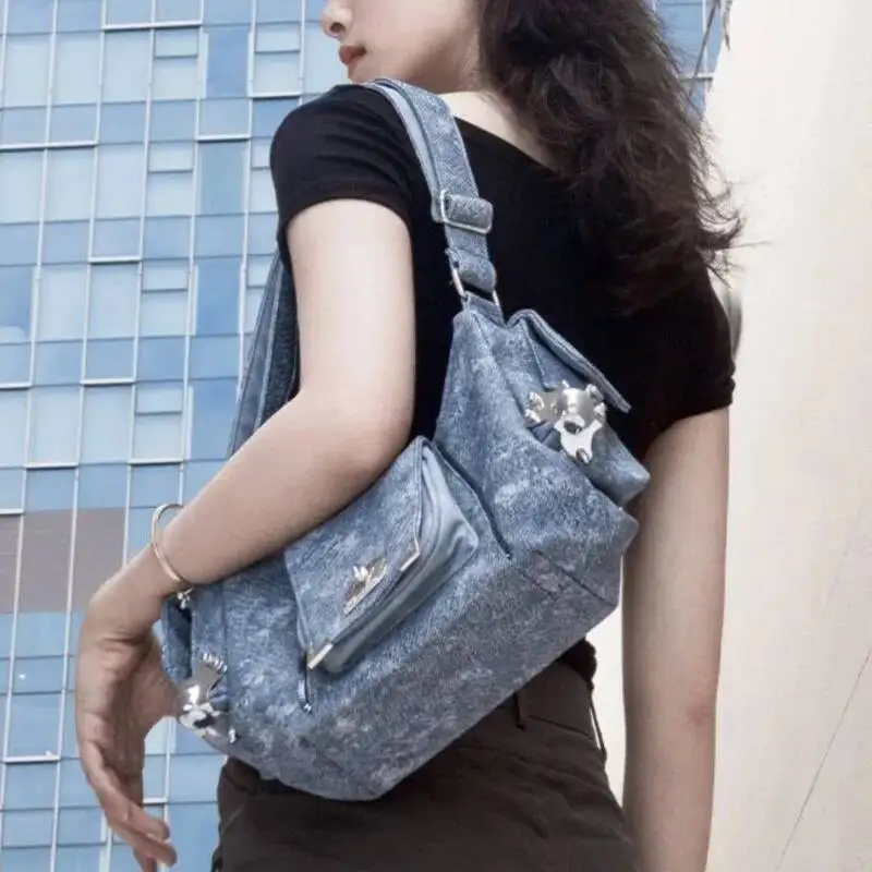 Bloom High Street Denim Shoulder Purse Women Hot Girl Large Capacity Casual Crossbody Bags Female Retro Handbag Aesthetic