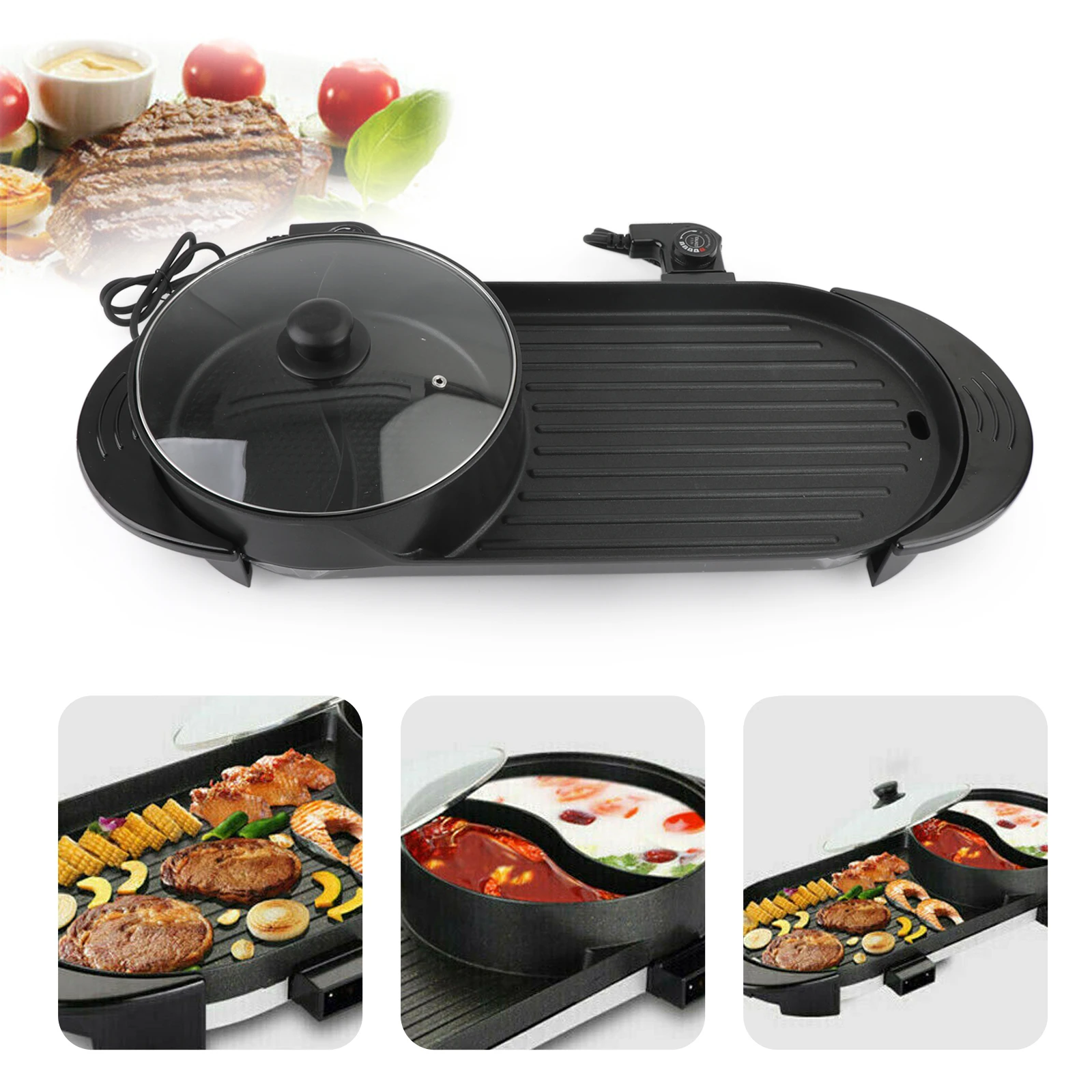 

2 in 1 Portable Electric Hot Pot Barbecue Grill Non-Stick Teppanyaki Pan