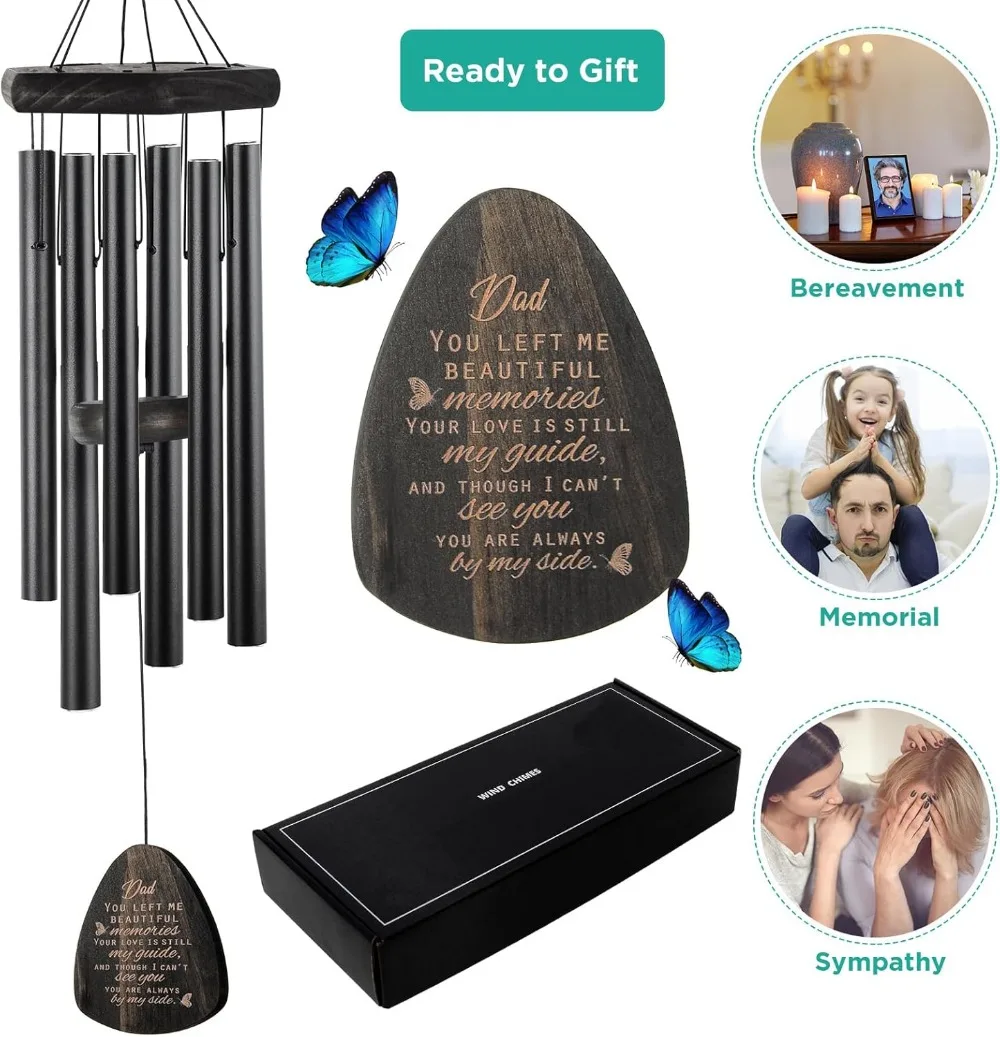 32" Memorial Wind Chimes for Loss of Father - Butterfly Sympathy Gift with Cardinal Card