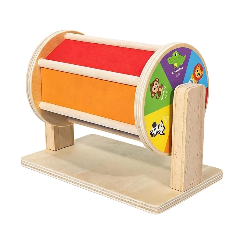 Wooden Sensory Activity Drum With Colorful Fabric Panels and Animal Pictures for Hands-On Color and Learning During 15UB