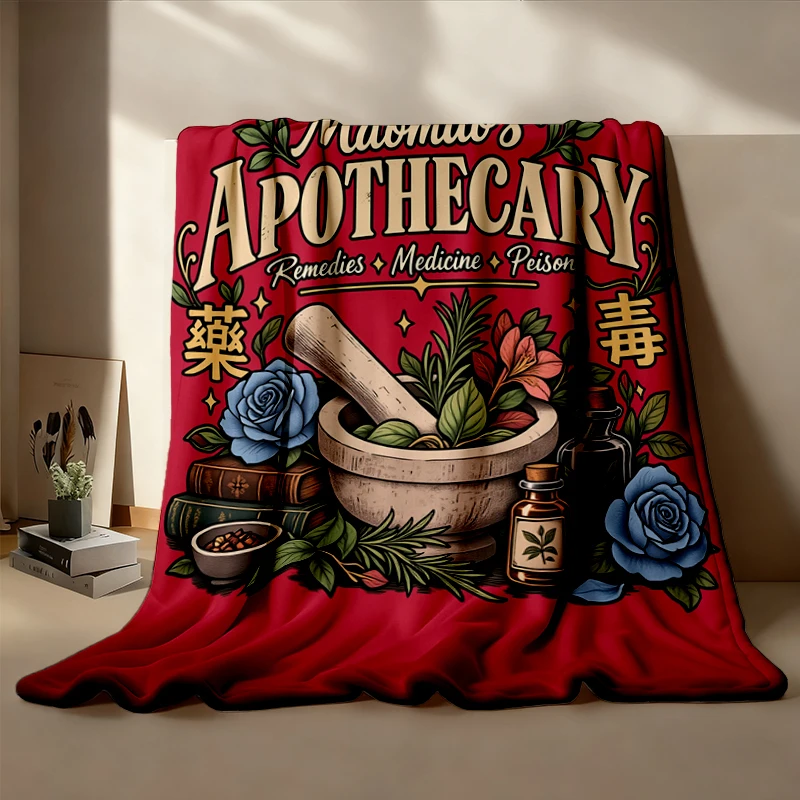 Maomao’s Apothecary Flannel Throw, Vintage Herbal Medicine Cozy Blanket, Botanical Mortar Pestle Flannel Blanket, Anime