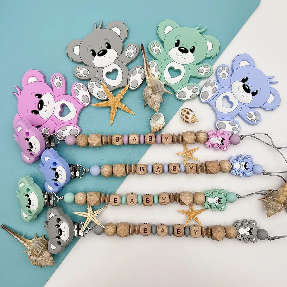 Personalized English Wooden Letters Name Baby Bear Silicone Pendant Pacifier Clips Chains Holder Teether Baby Kawaii Toy Gifts