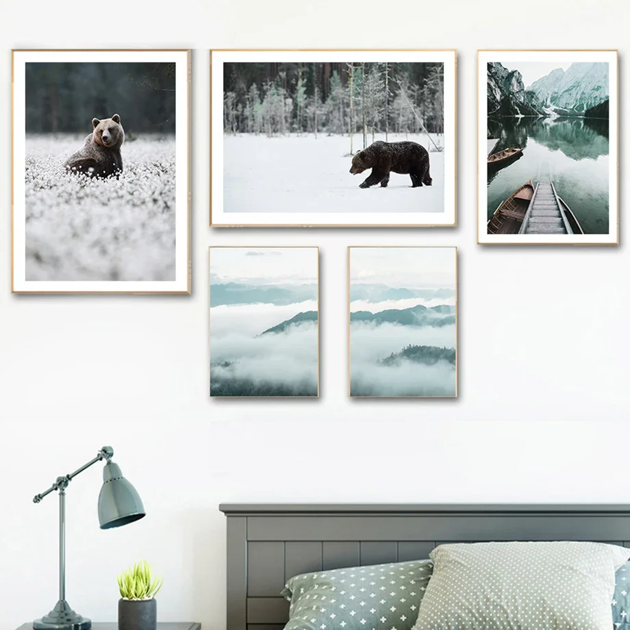 

Mountain Forest Bear Boat Lake Winter Wall Art Canvas Painting Nordic Posters And Prints Wall Pictures For Living Room Decor