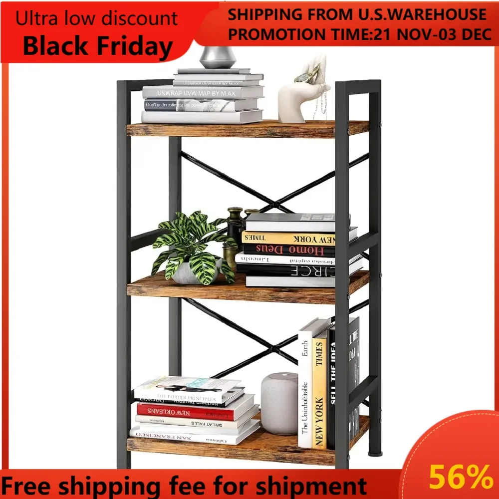 Bookshelf, 3 Tier Industrial Bookcase, Metal Small Bookcase, Rustic Etagere Book Shelf Storage Organizer for Living Room, Bedroo