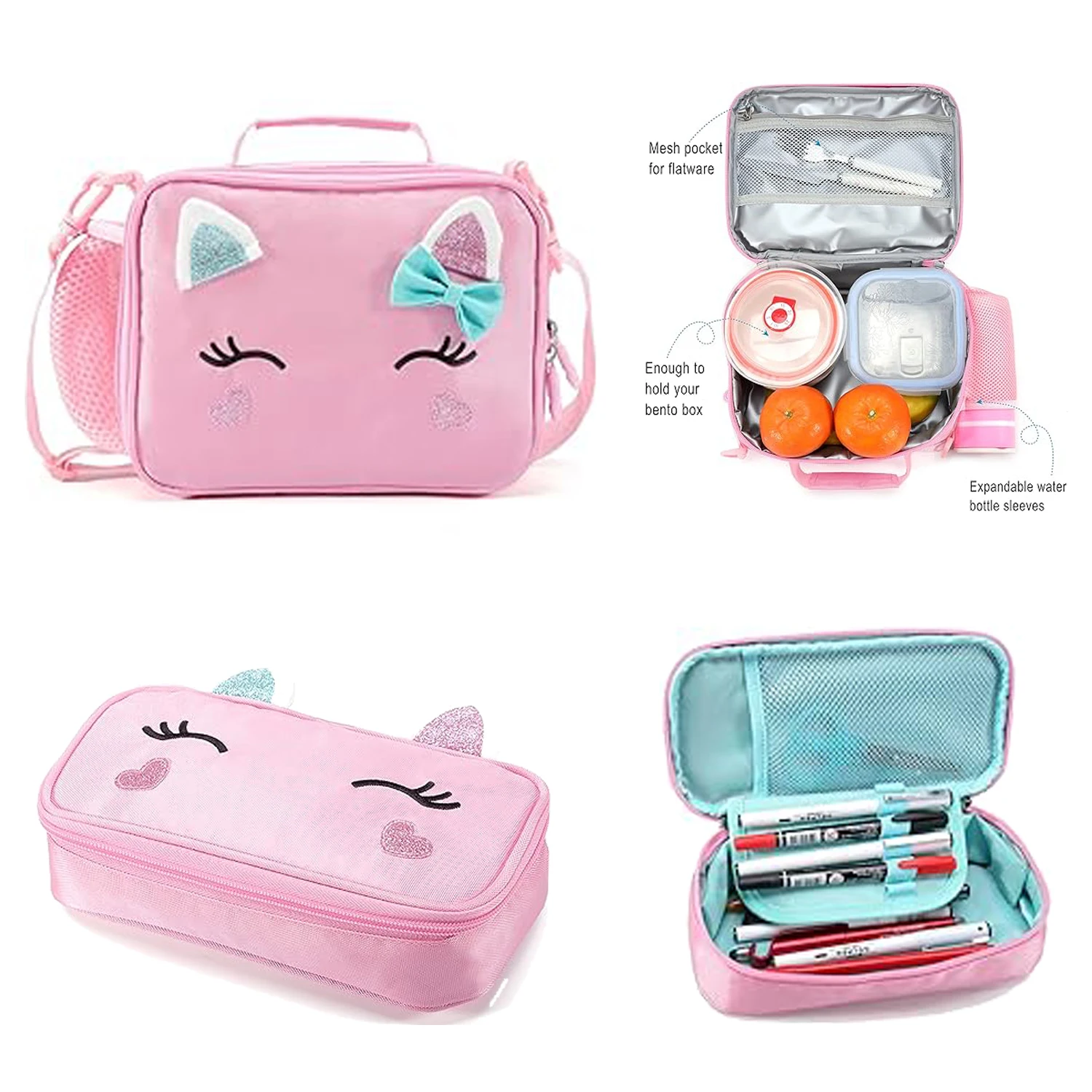 Dwuczęściowy zestaw dla dziewczyn: uroczy piórnik i torba na lunch z motywem jednorożca, miękki piórnik damski, pojemny organizer na artykuły piśmiennicze, etui na długopisy, artykuły szkolne, uniwersytet, organizer biurowy, duża pojemność (różowy)