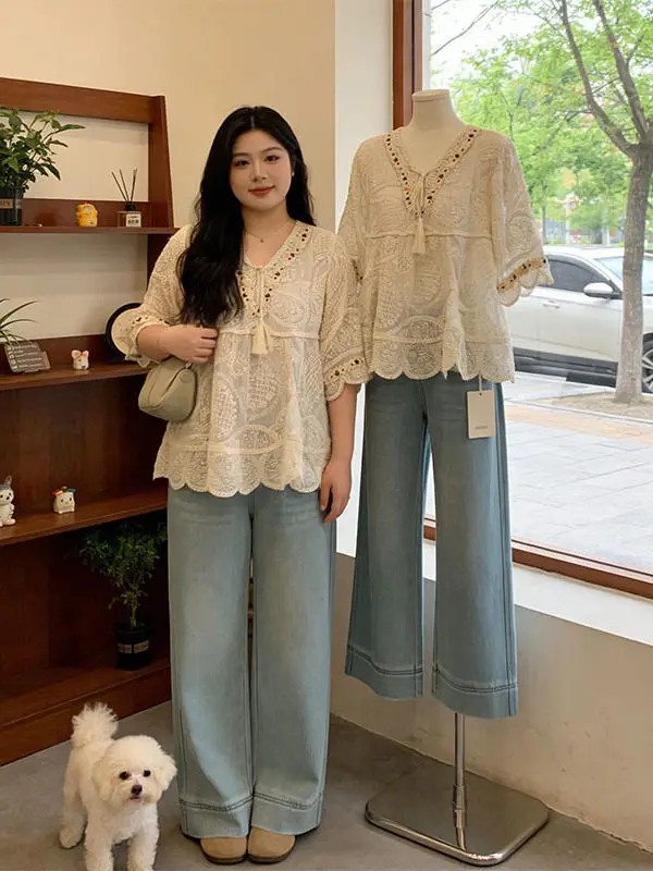 

plus Size 300 Pounds Lace Hook Flower V-neck Short Sleeve Women's Summer Loose Meat Concealing Slimming Top Korean Style Commute