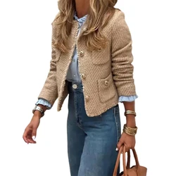 Elegant Women Camel Tweed Jacket 2024 Spring Long Sleeve Button Frayed Jacket Female Fashion O-neck Pocket Short Tassel Coats