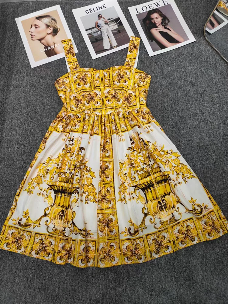 Fashion yellow flower porcelain printed corset cup suspender dress 2024 summer women's new waist swing long A-line skirt