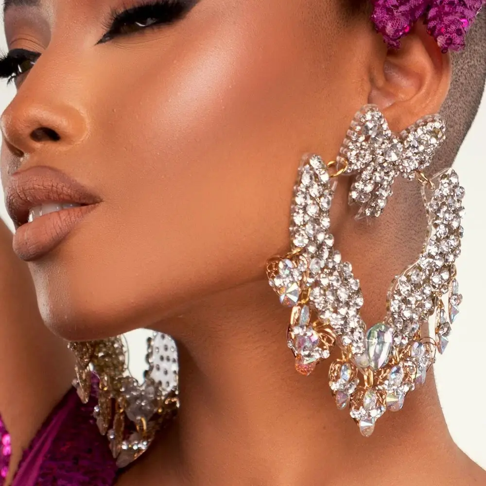 AliExpress hot-selling bow earrings exaggerated retro rhinestone earrings catwalk accessories women's earrings