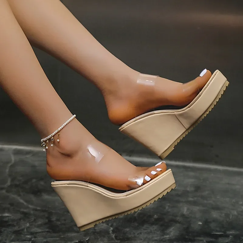 2024 Summer New Large British Style Slope Heel Thick Sole Round Head Transparent One line Strap Casual Sandals for Women