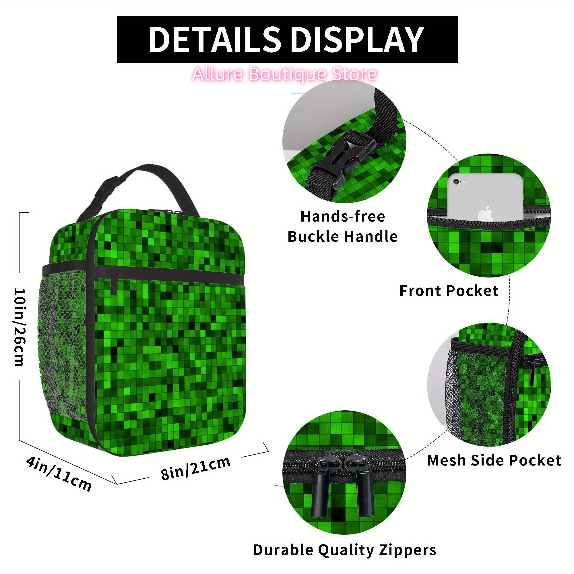 1pc Green Pixelated Thermal Bag - Reusable Non-Food Contact Cooler & Warmer, Portable for Lunch, Medication, Cold Chain Storage