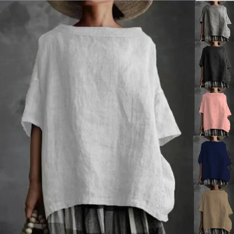 

Women Vintage Harajuku Cotton and Linen Loose Blouses and Shirts Summer Casual Short Sleeve O Neck Oversized Tops Korean Blusas