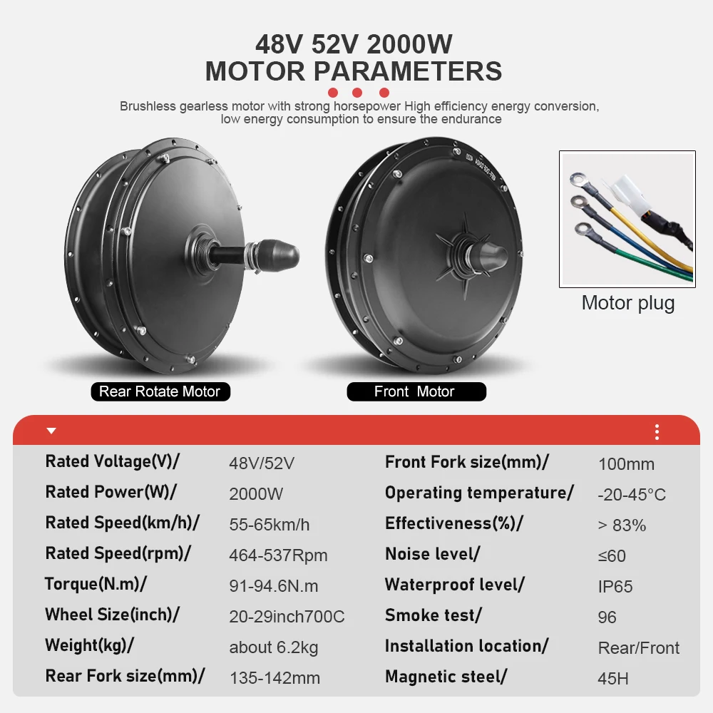 

48V 2000W Electric Bike Motor 52V 2000W Front Rear Brushless Non-gear Hub Motor Wheel Drive for Ebike Conversion Kit and Scooter