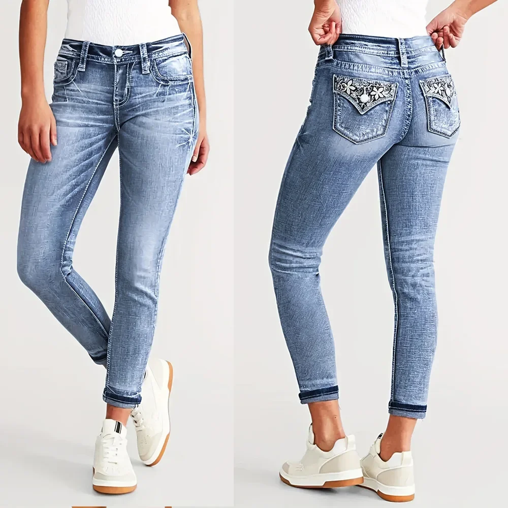 Water Washing Embroidered Close-fitting Small Legs Pants Jeans, Women's Spring/autumn New Slim-fit Stretch Jeans, Pencil Pants