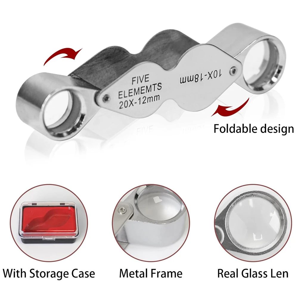10X 20X Jewelers Loupe Pocket Magnifying Glass With Dual Lenses Foldable Jewelry Loop Magnifier For Diamonds Coins Watches Plant