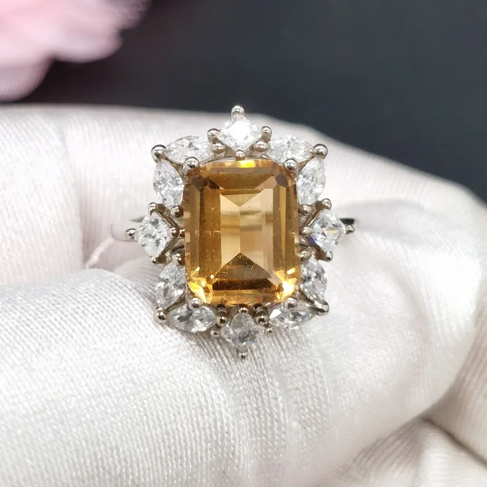 

925 Silver Yellow Crystal Ring 8mm * 10mm Emerald Cut Natural Citrine Silver Ring 18K Gold Plating Citrine Jewelry