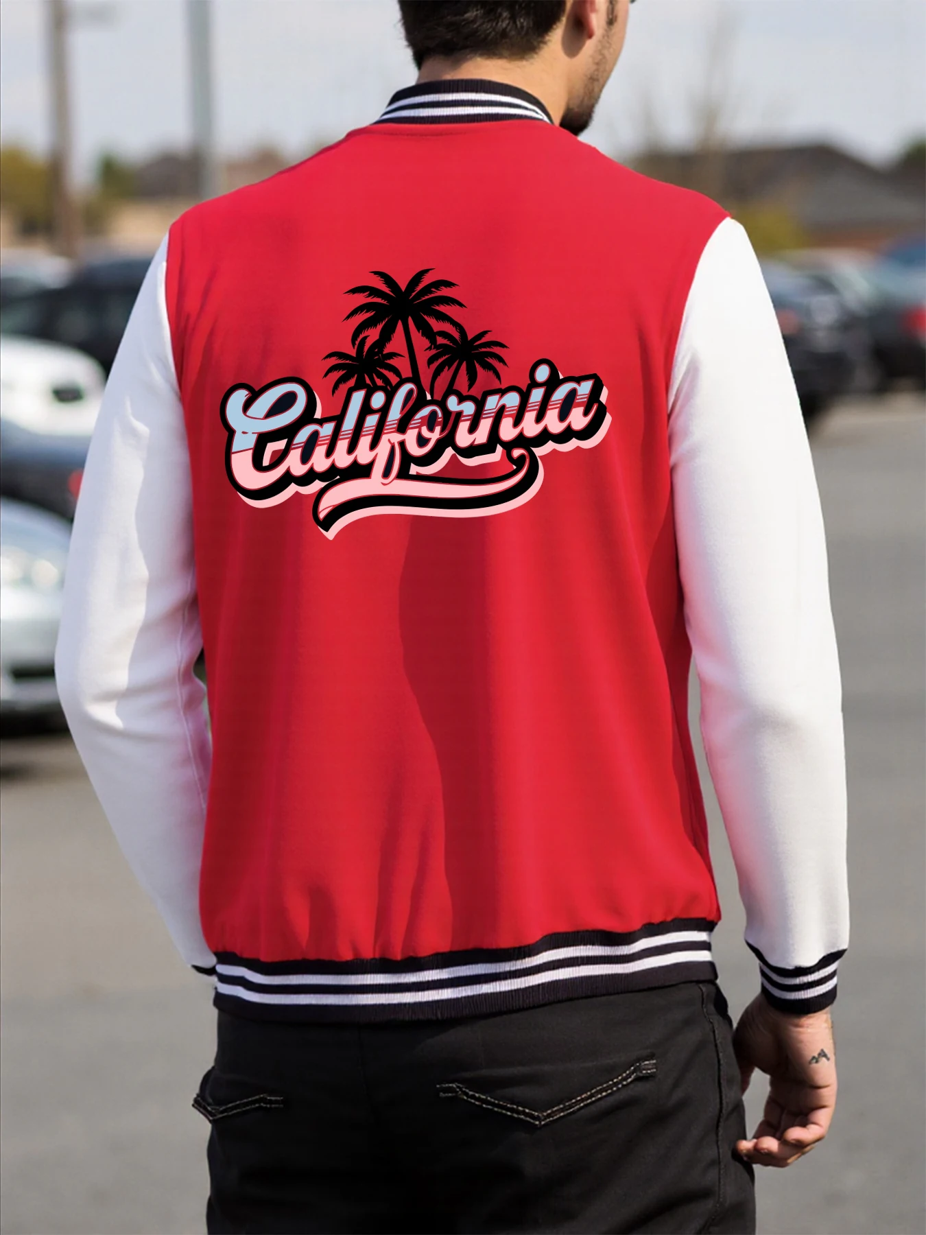 

Coconut Tree Silhouette And Artistic Letters Jackets Men Loose Streetwear Simple Baseball Jersey Autumn Casual Pocket Unisex Top