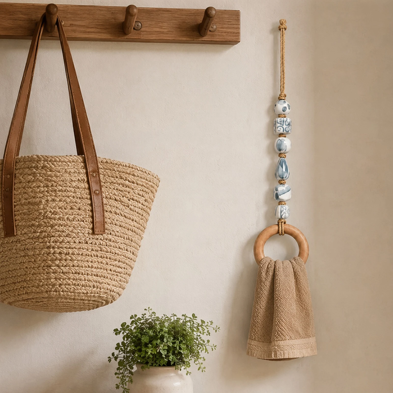 Beaded Wooden Wall Mounted Towel Rack Boho Farmhouse Bathroom Entryway Bedroom Hanger Decor 25cm
