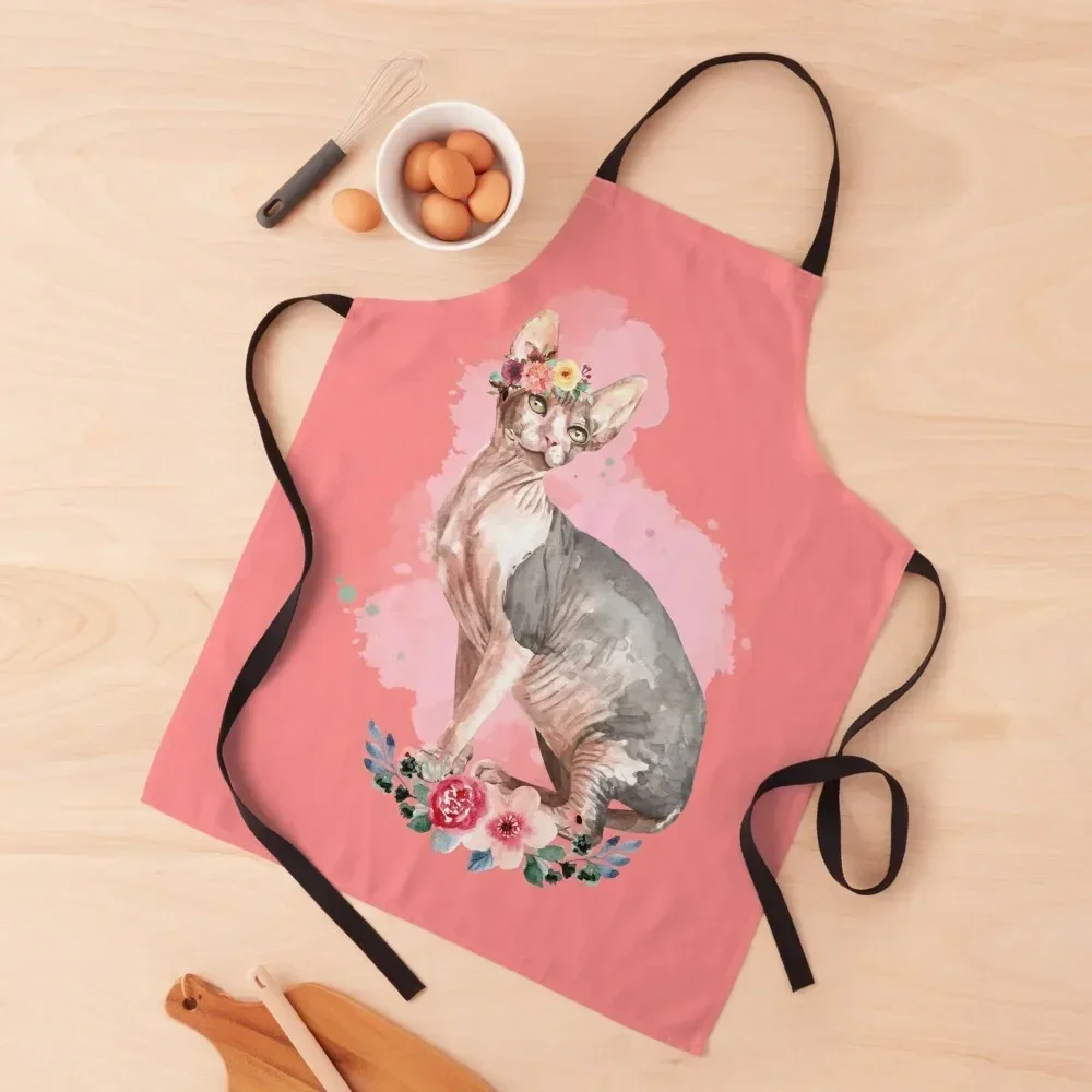 

Cute elegant watercolor sphynx cat with flowers Apron Kitchenware For Woman Chef Accessory Apron