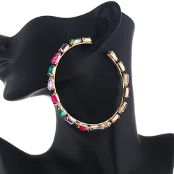 BOXUAN Fashion Rhinestone Earrings in Multi Color Women Jewelry Large Hoop Post Earrings Gold Round Cushion Cut Earrings