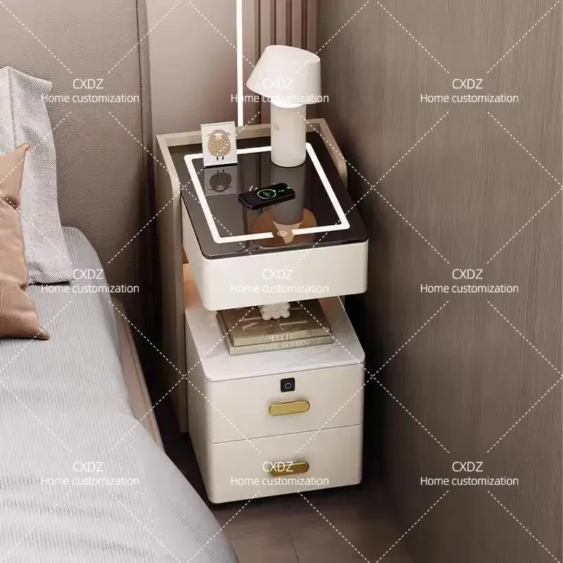 Smart Solid Wood Bedside Table with Rock Slab Top Wireless Charging Modern Minimalist Nightstand No Assembly Required for