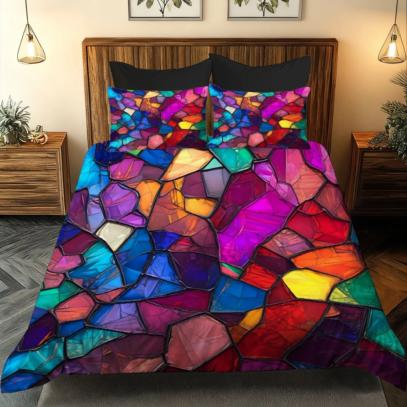 Valentine's Day & Christmas Multicolored Stained Glass Design Bedding Set for Bedroom Decor Comforter Cover