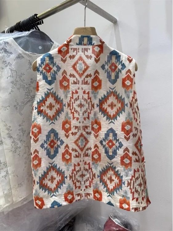 Neue Chinesische Sle Buttonl Svel Weste irt frauen Sommer Faion Retro Druck Baumwolle Top Lose Fit Casual Wear