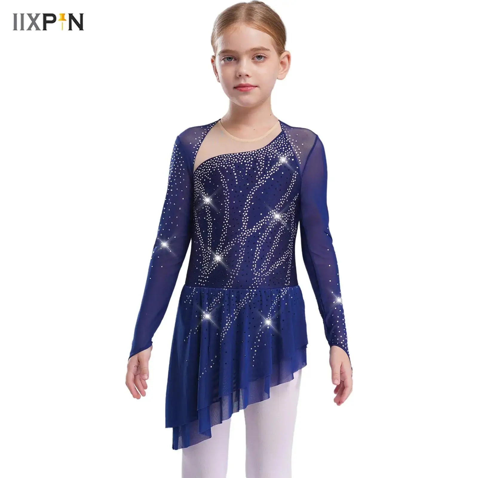 

Kids Girls Ballet Lyrical Dance Dress Long Sleeves Cutout Back Asymmetric Hem Sheer Mesh Overlay Dress Figure Skating Dancewear